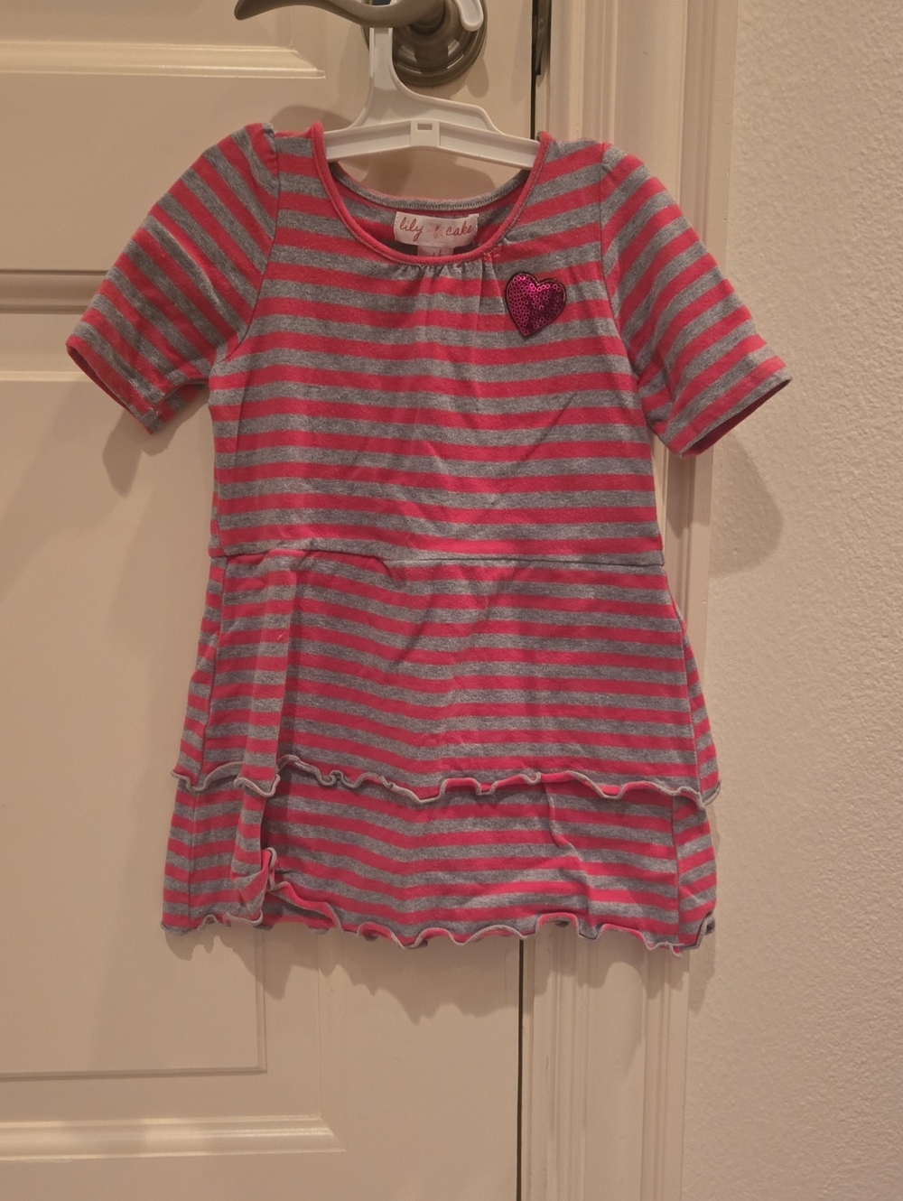 Lily Pink and Gray Striped Ruffle Dress with Heart Patch
